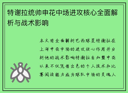 特谢拉统帅申花中场进攻核心全面解析与战术影响 特谢拉统帅申花中场进攻核心全面解析与战术影响