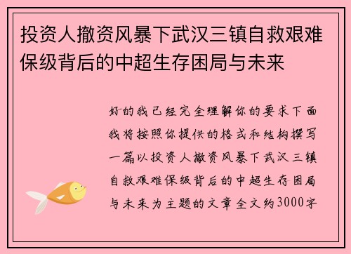 投资人撤资风暴下武汉三镇自救艰难保级背后的中超生存困局与未来